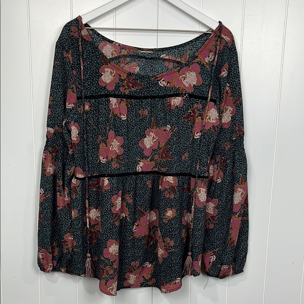 Boho Womens Top Green/Mauve Floral Print Balloon Sleeves Crochet Tiers Pullover